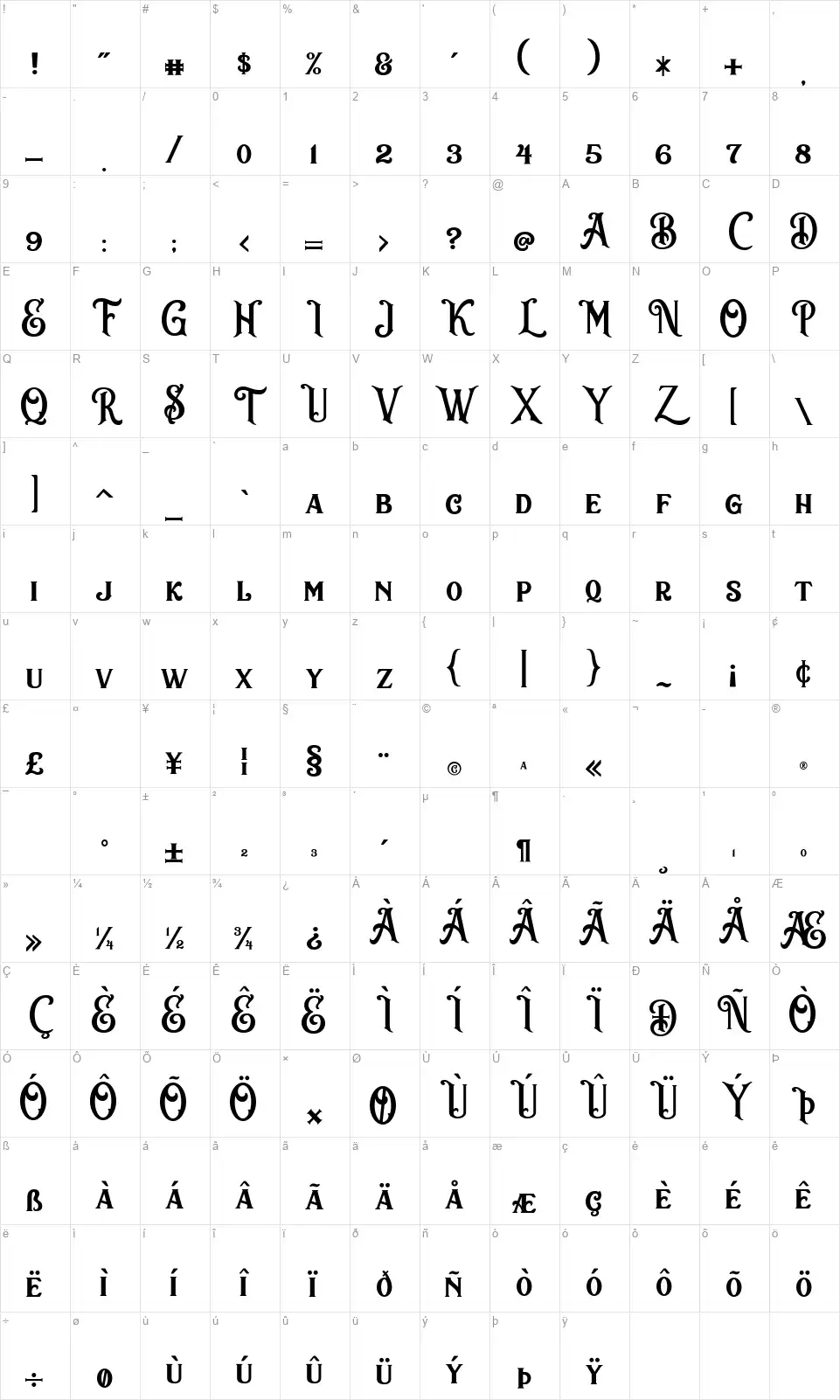 Sacred Bridgefont character map