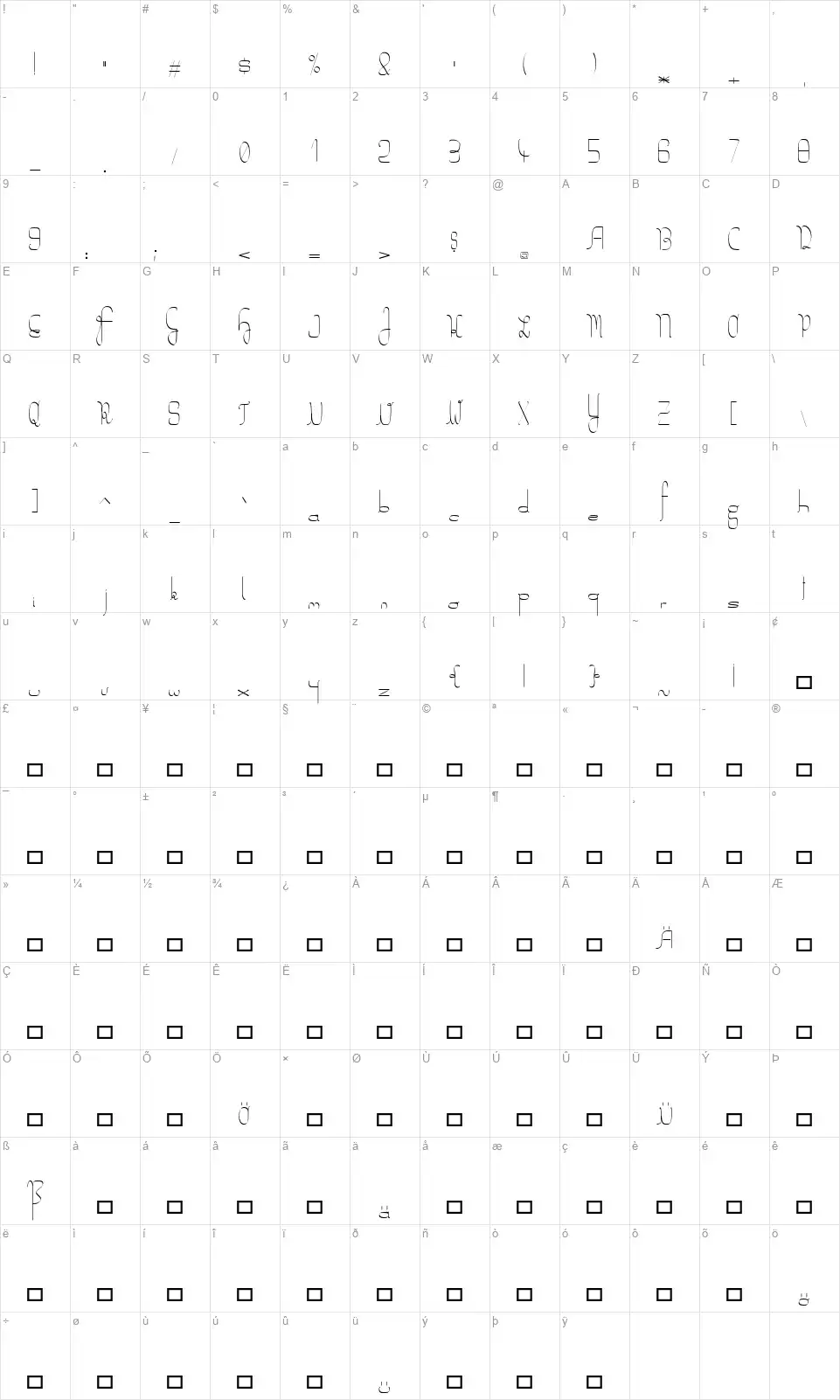 Salkin Elegantfont character map
