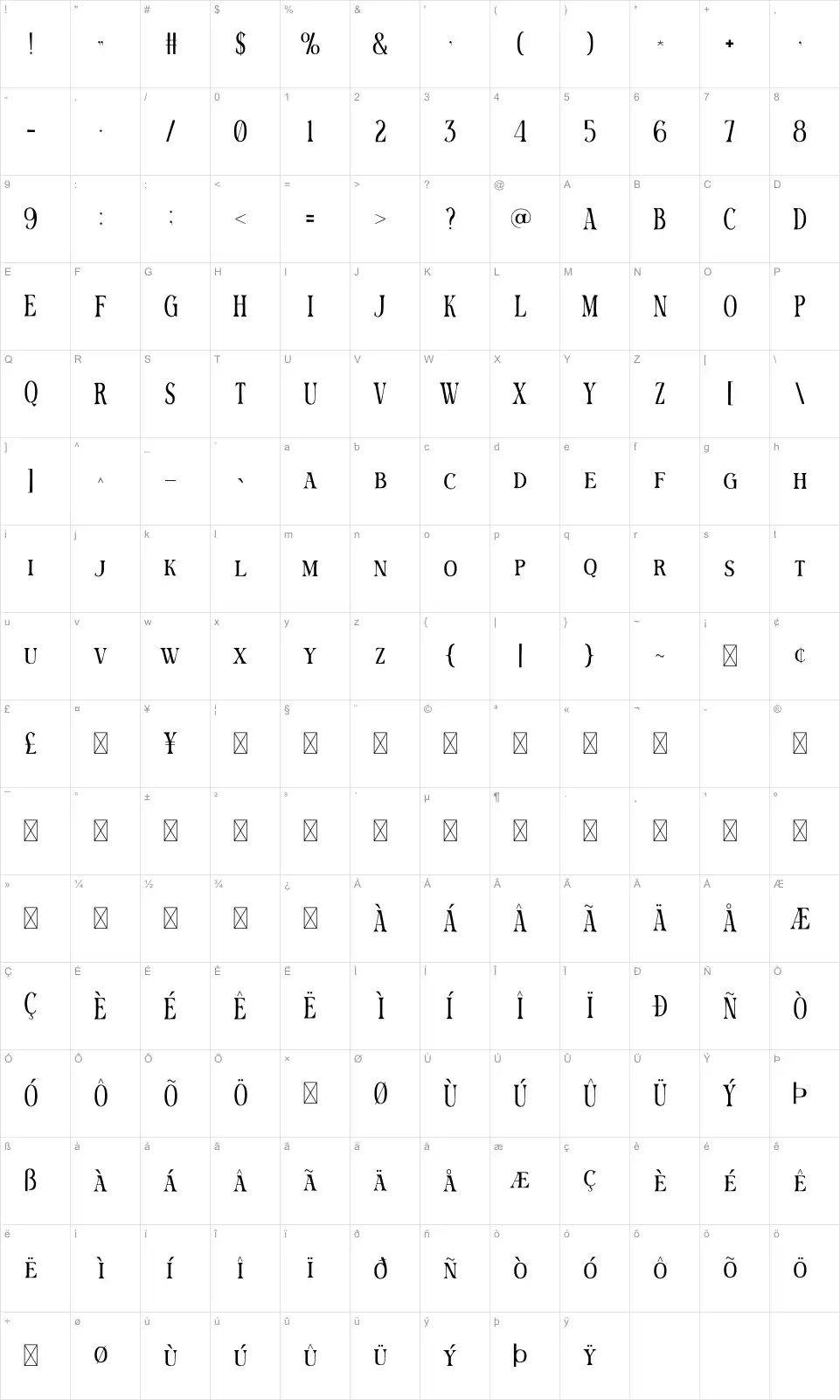 Sarasechfont character map