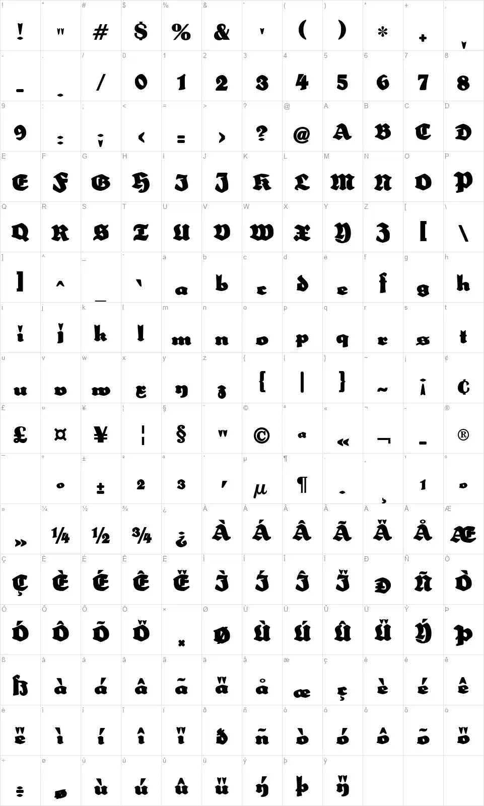 Schulze Werbekraftfont character map