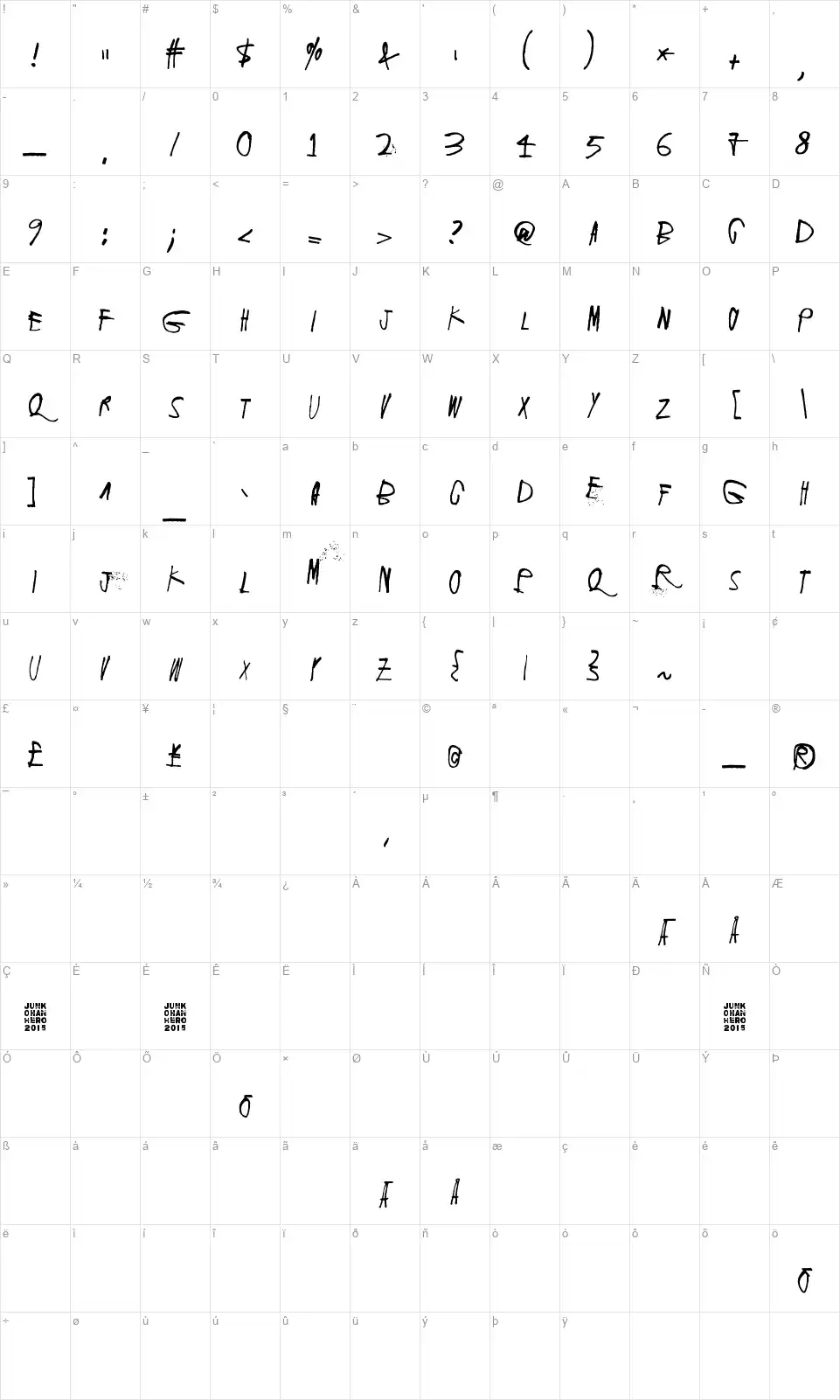Screaming Redfont character map