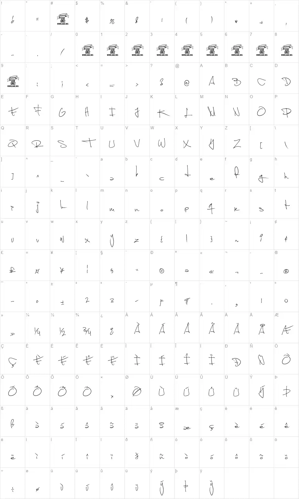 Shimes Twofont character map