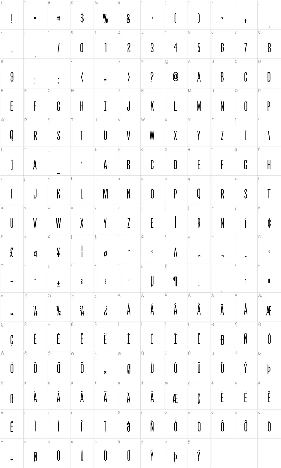 Slasher Filmfont character map