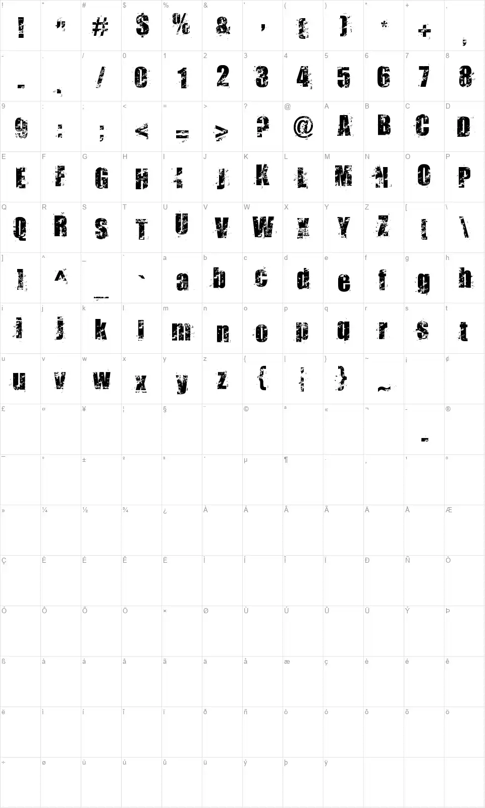 Smudgersfont character map