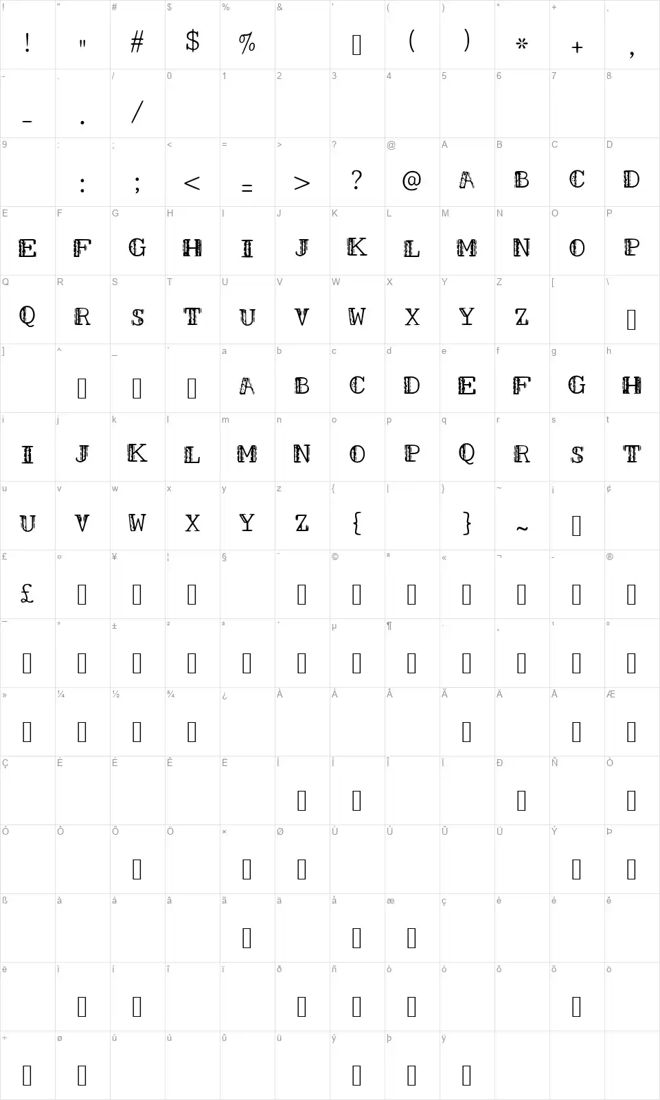 Smudges WZfont character map