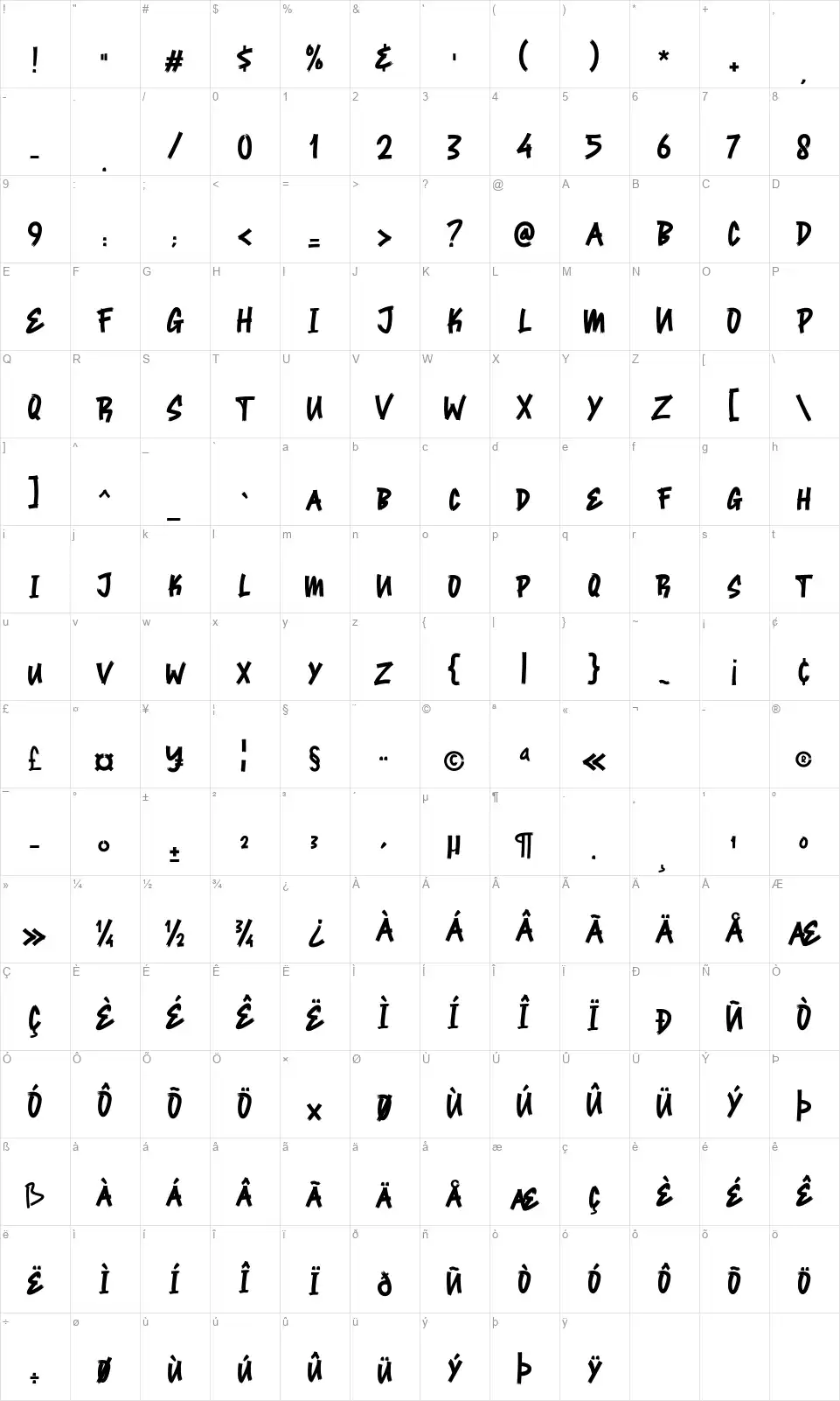 Spooky Brushfont character map