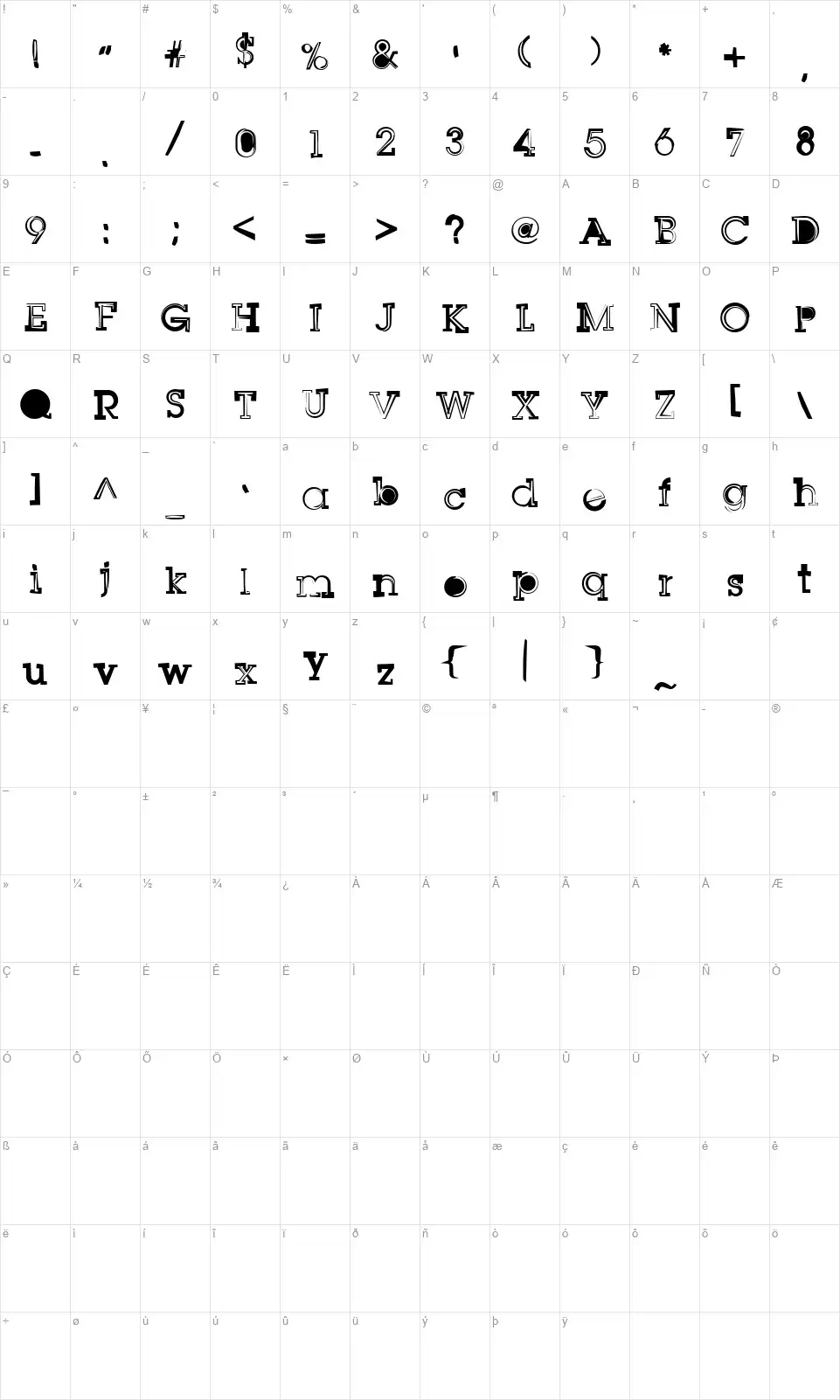 SqSerif font character map