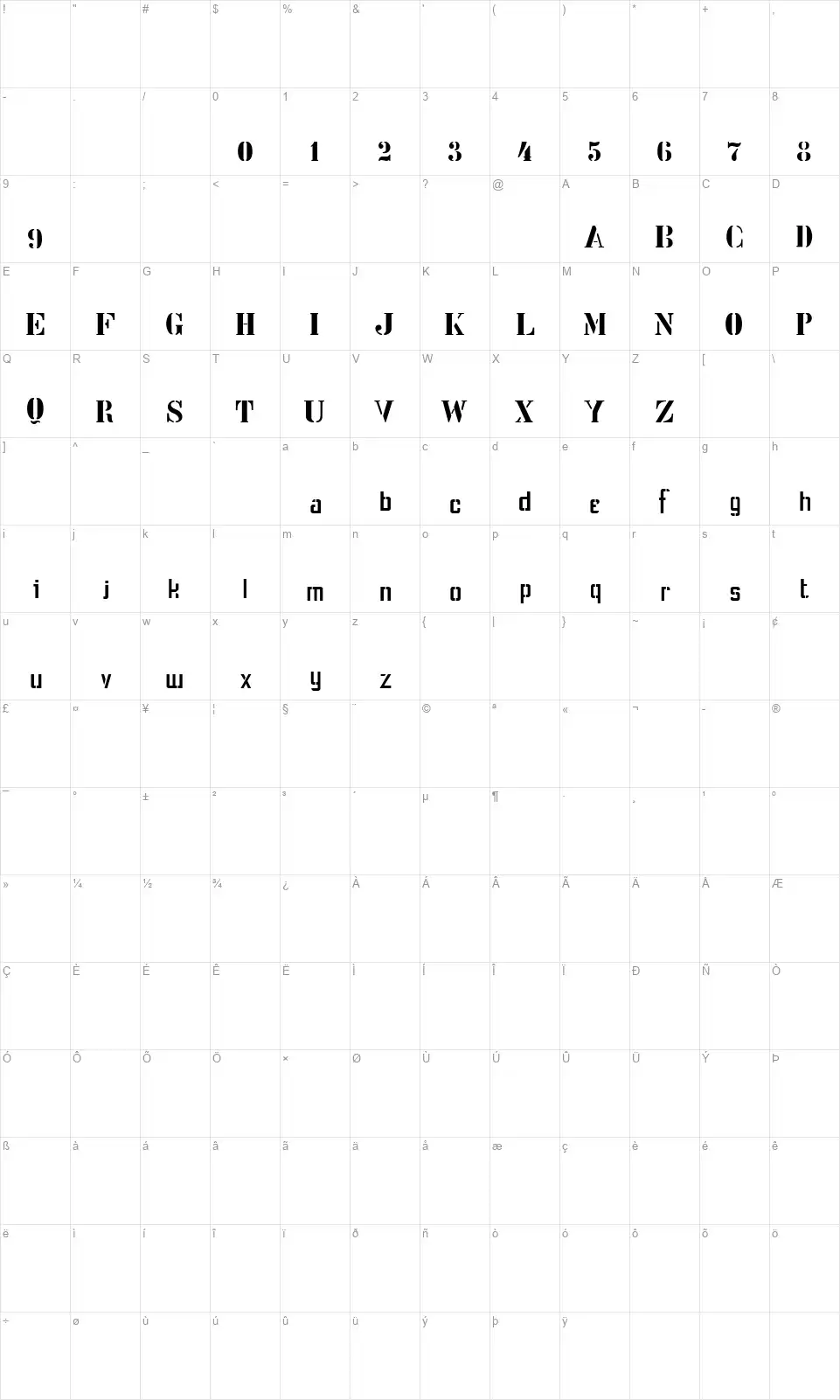Stencil Intellectafont character map