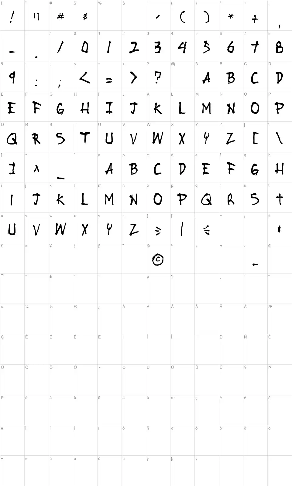 Stubborn Heartz TBSfont character map