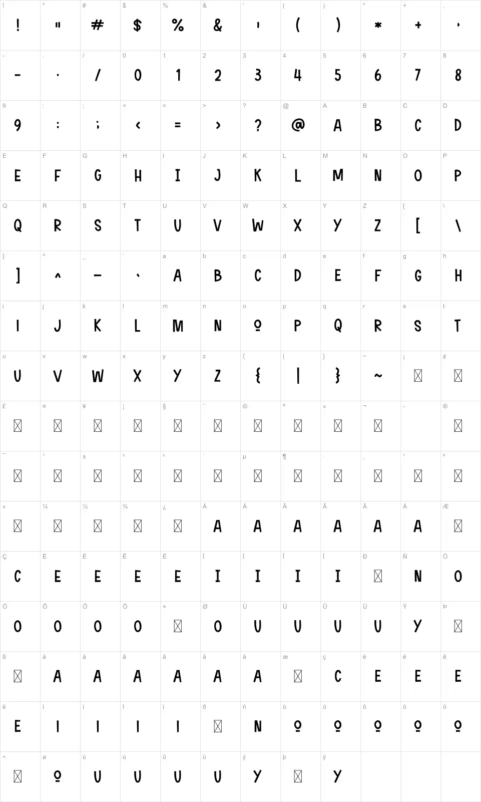 Sunday & Monday Mappa dei caratteri Sunday & Mondayfont character map