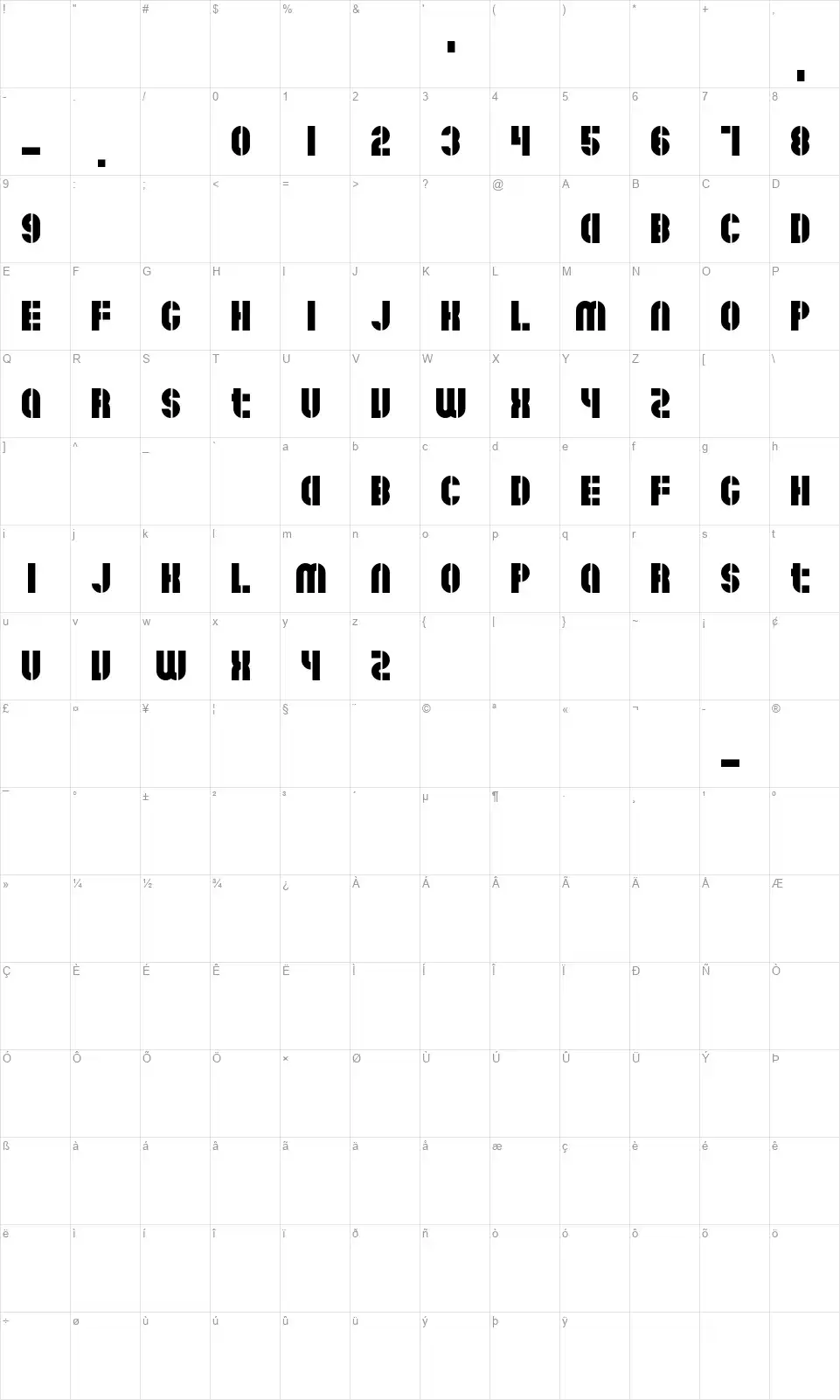 Sunfonts Stencilfont character map