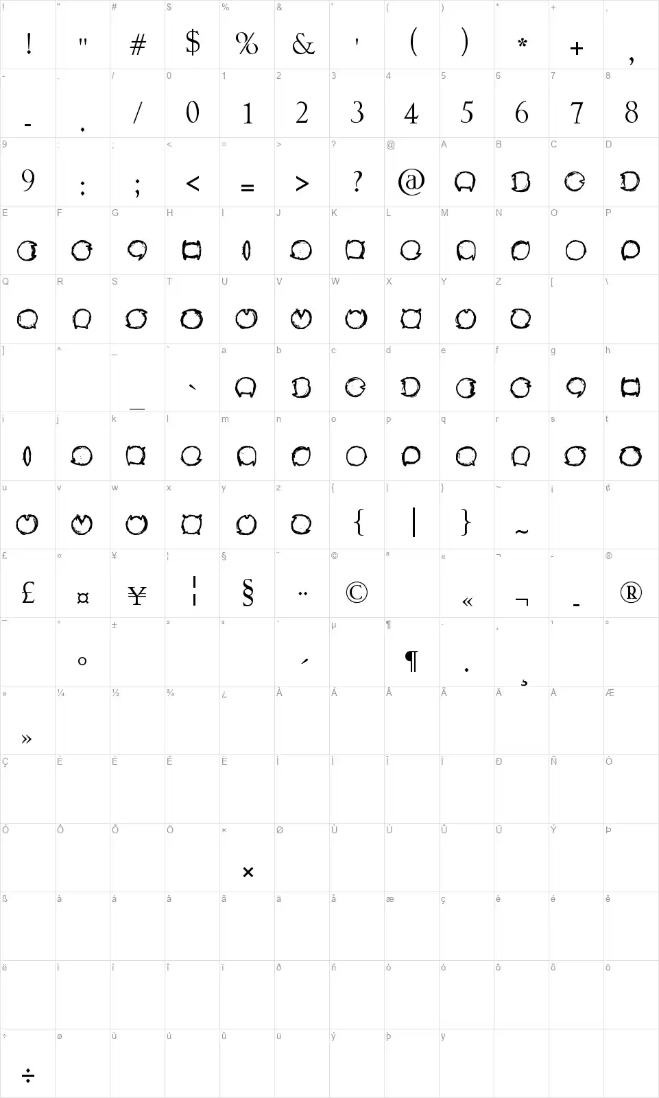 Supperzapperfont character map