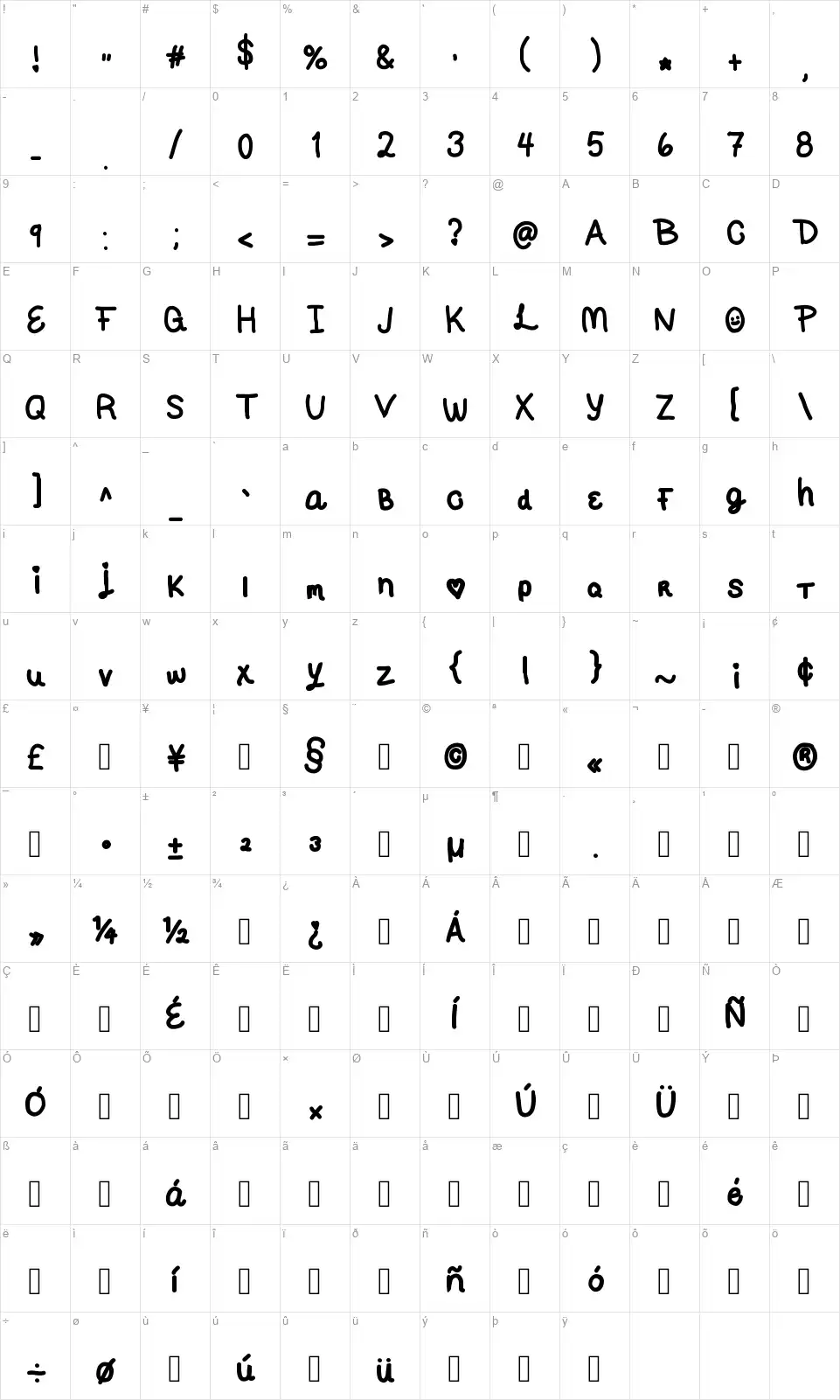 Sweetie Lovefont character map