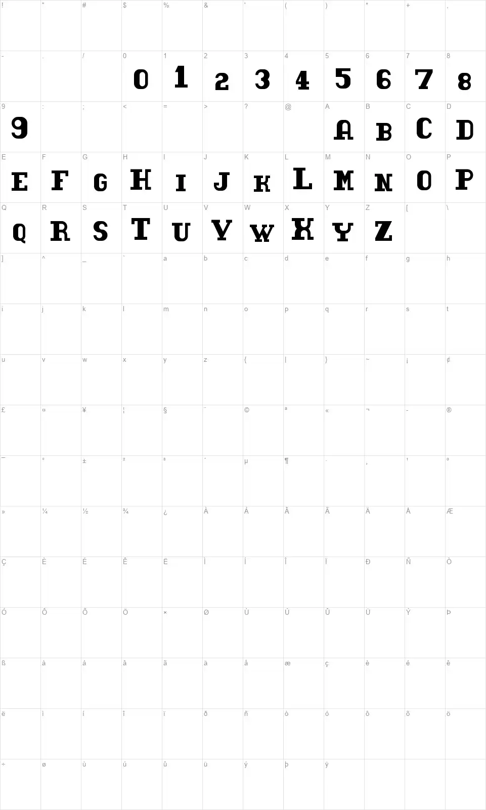Tacketilfont character map