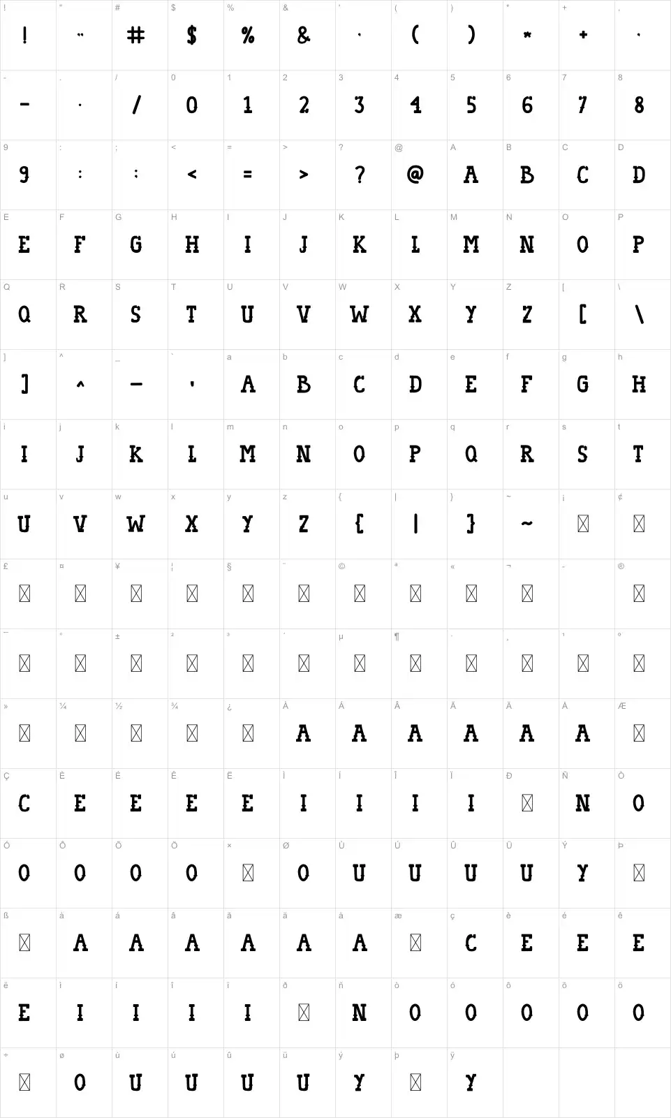 Tacodayfont character map