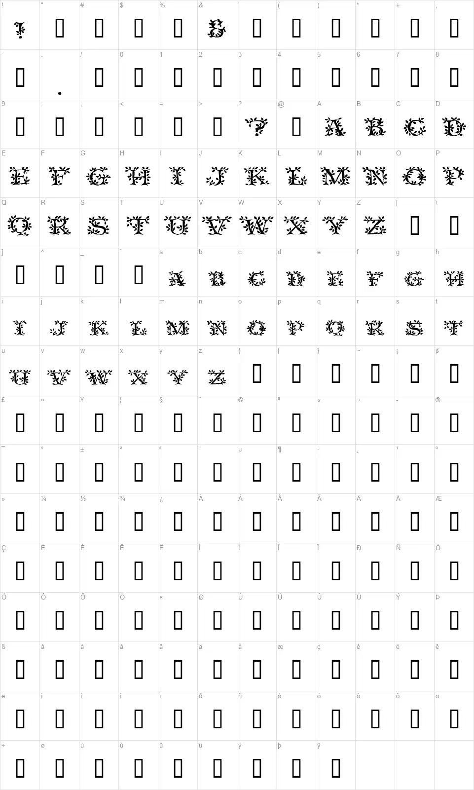 Tenderleaffont character map
