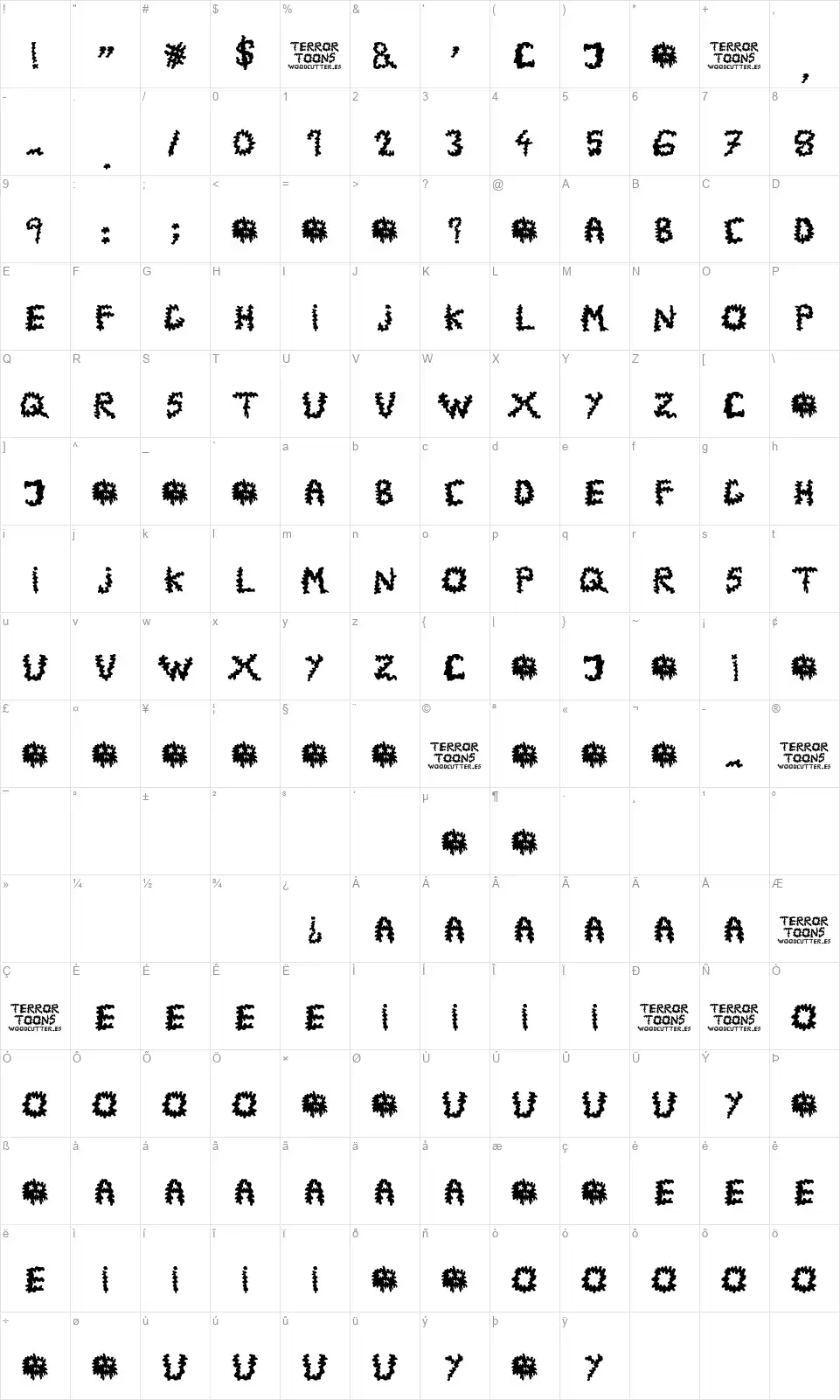 Terror Toonsfont character map