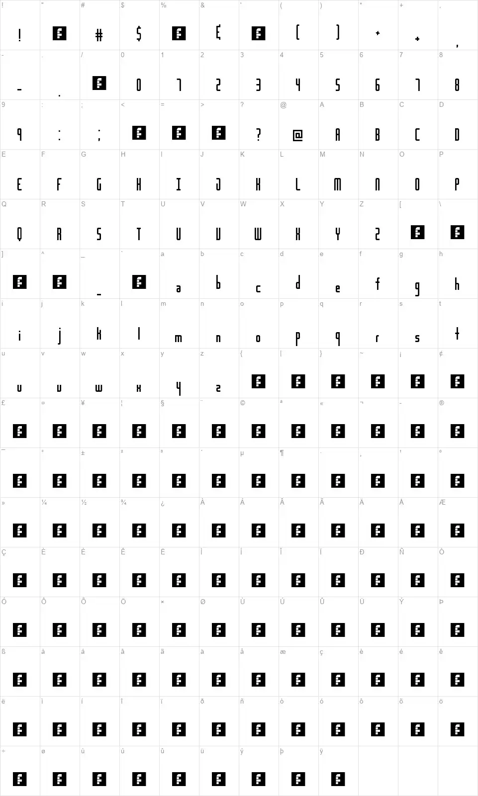 The Distancefont character map
