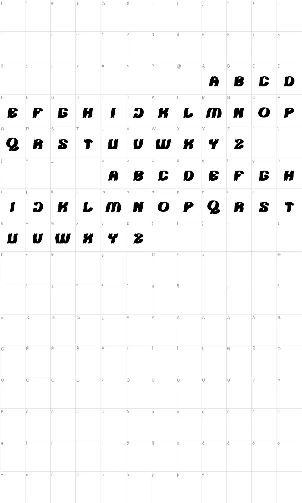 Tshirtfont character map