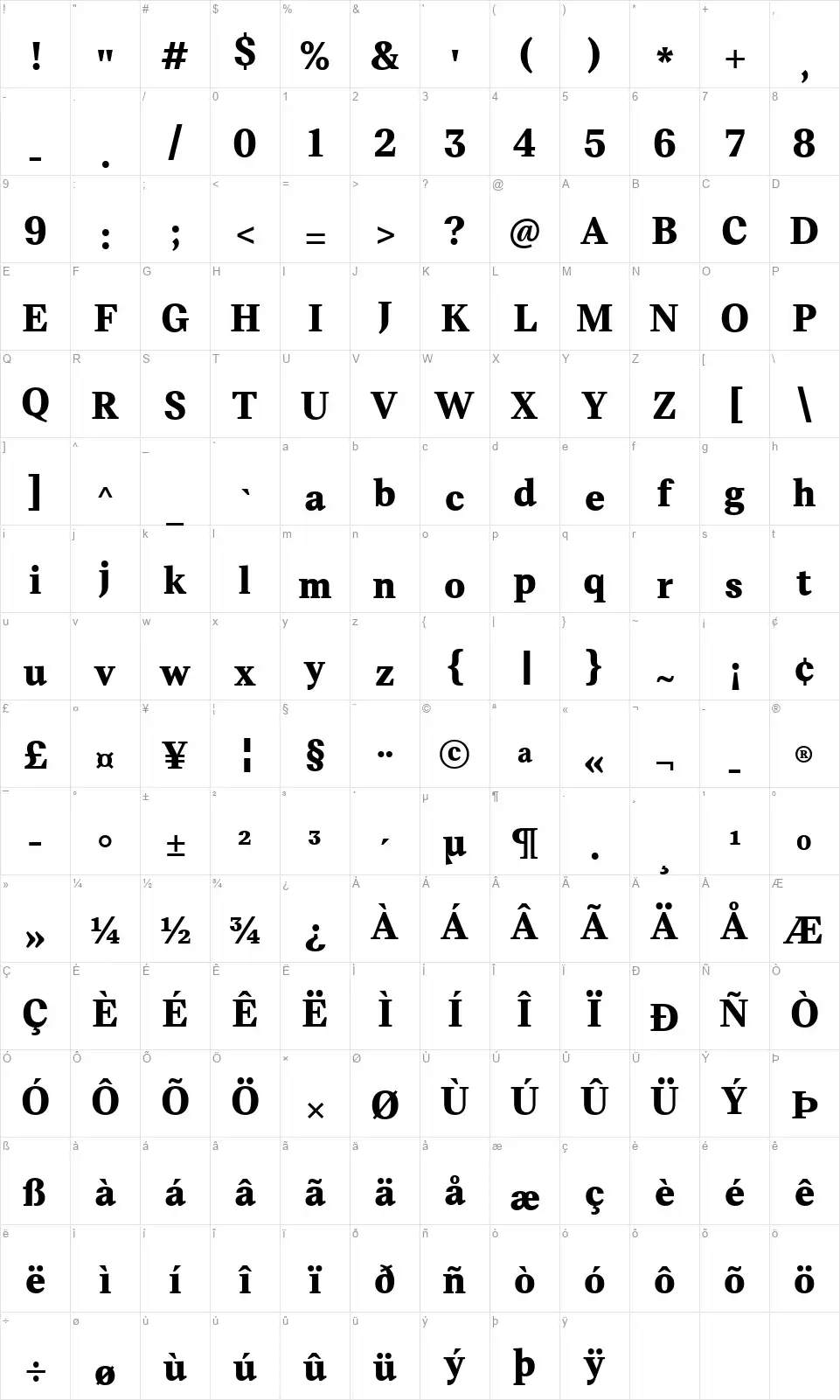 TT Livret Textfont character map