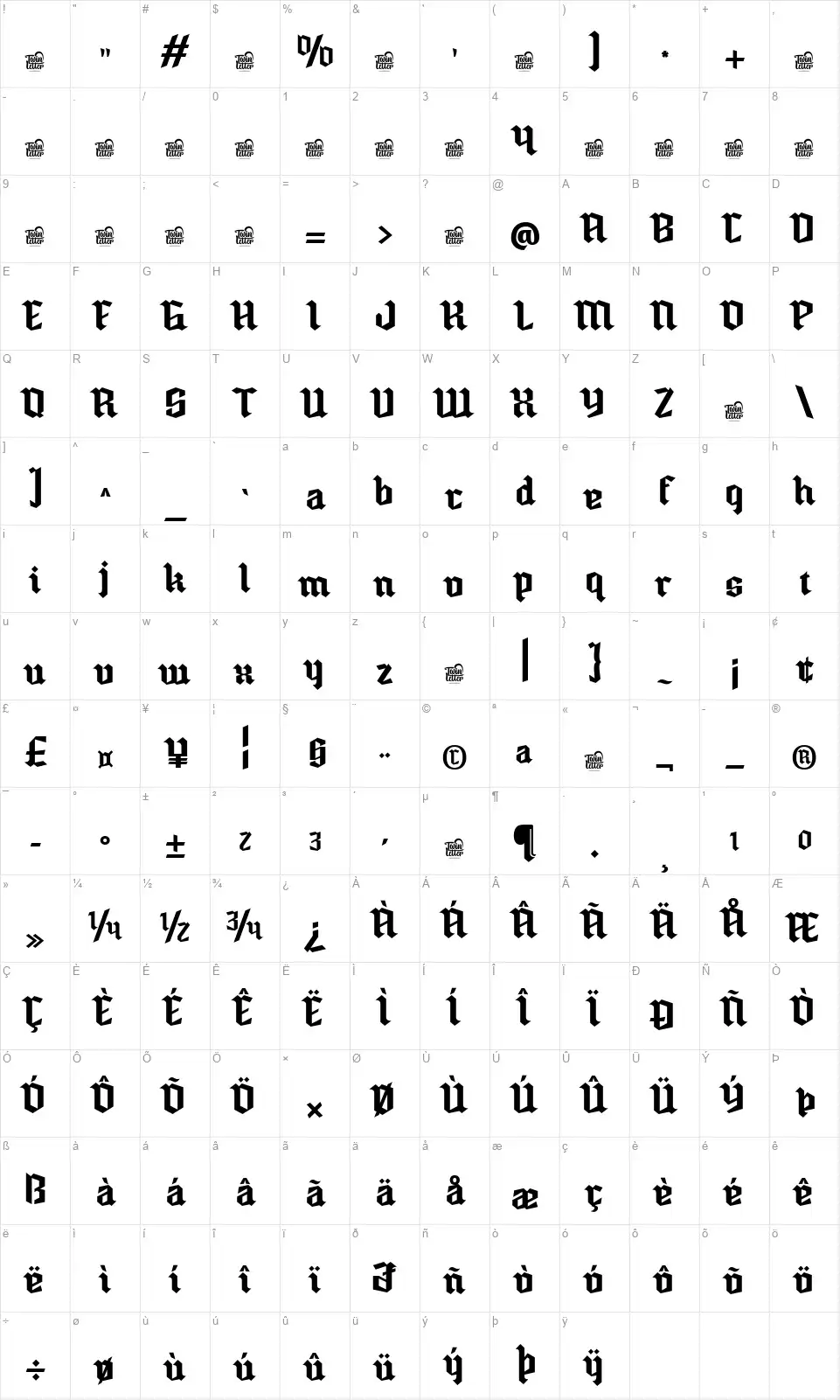 Ulminostfont character map
