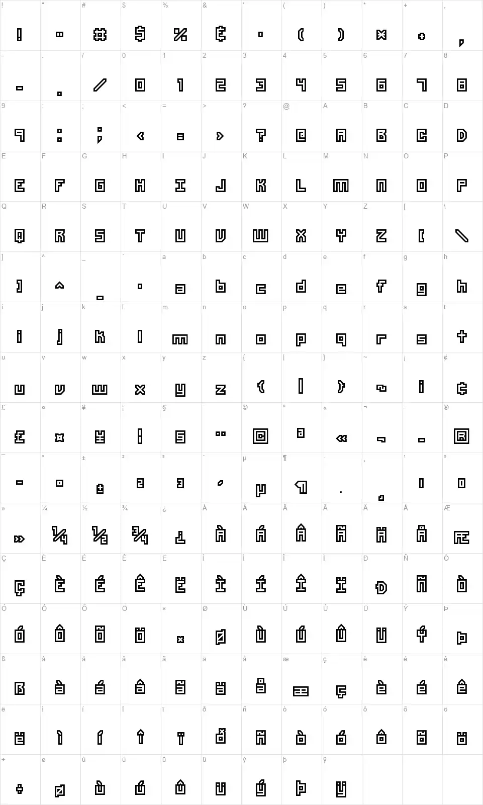 Unlearnedfont character map