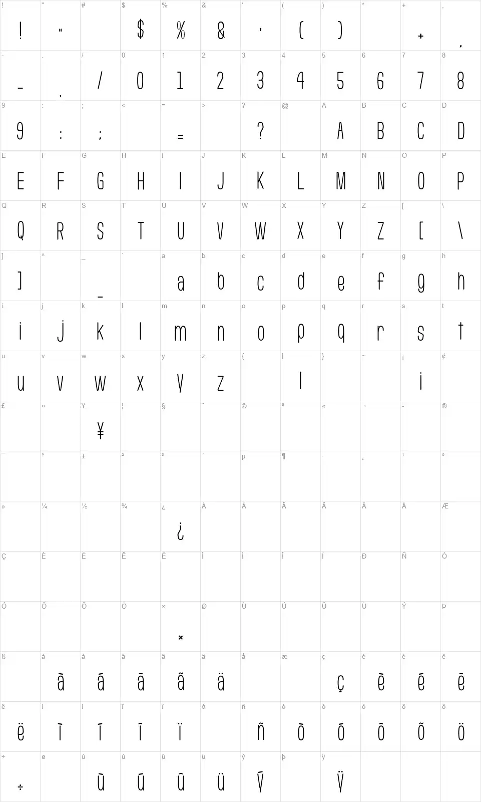 Usuazi Hosomozifont character map