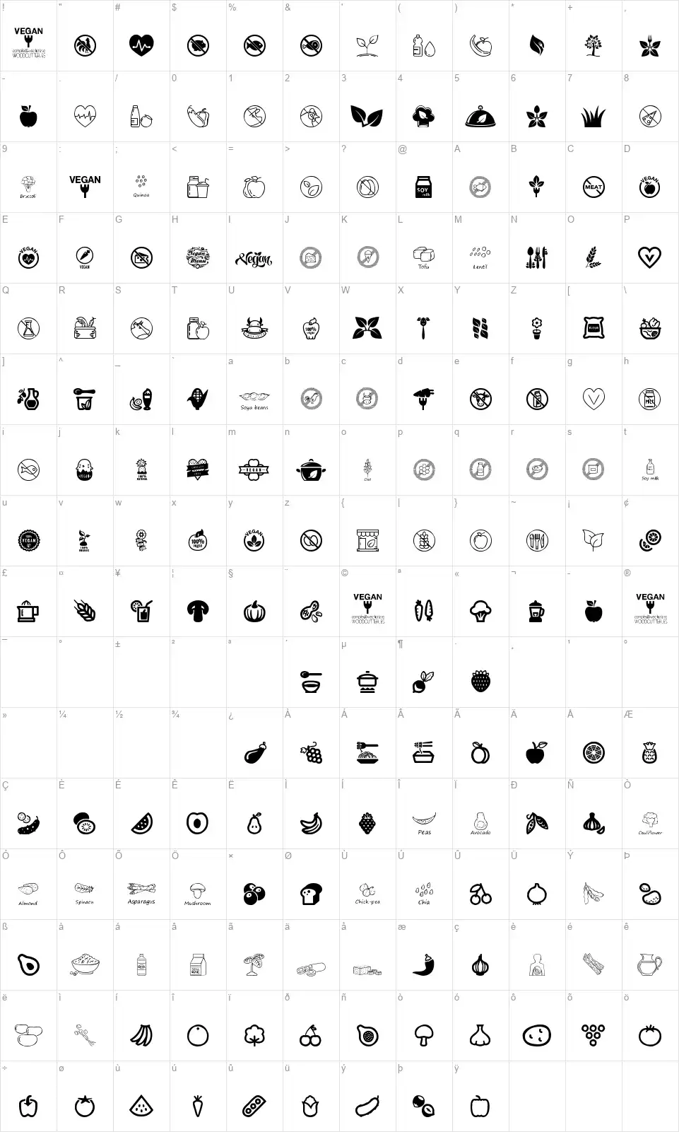 Vegan Iconsfont character map