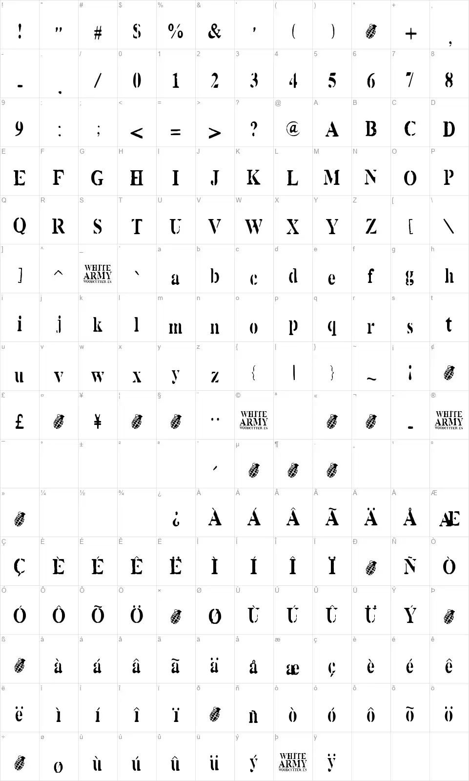 White Armyfont character map