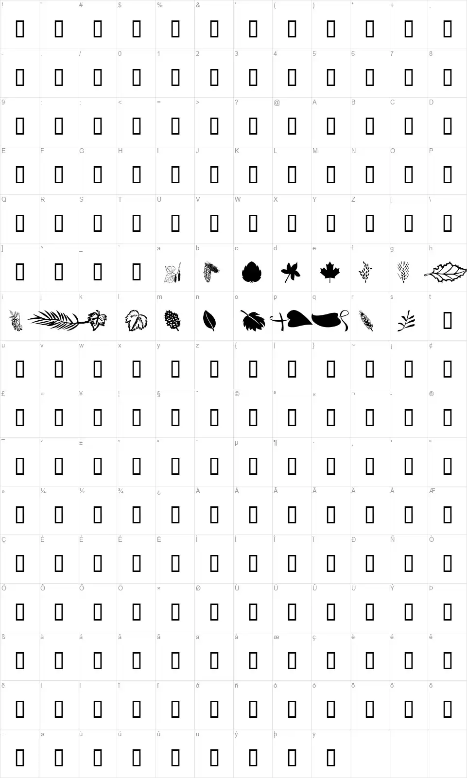 WM Leaves 1font character map