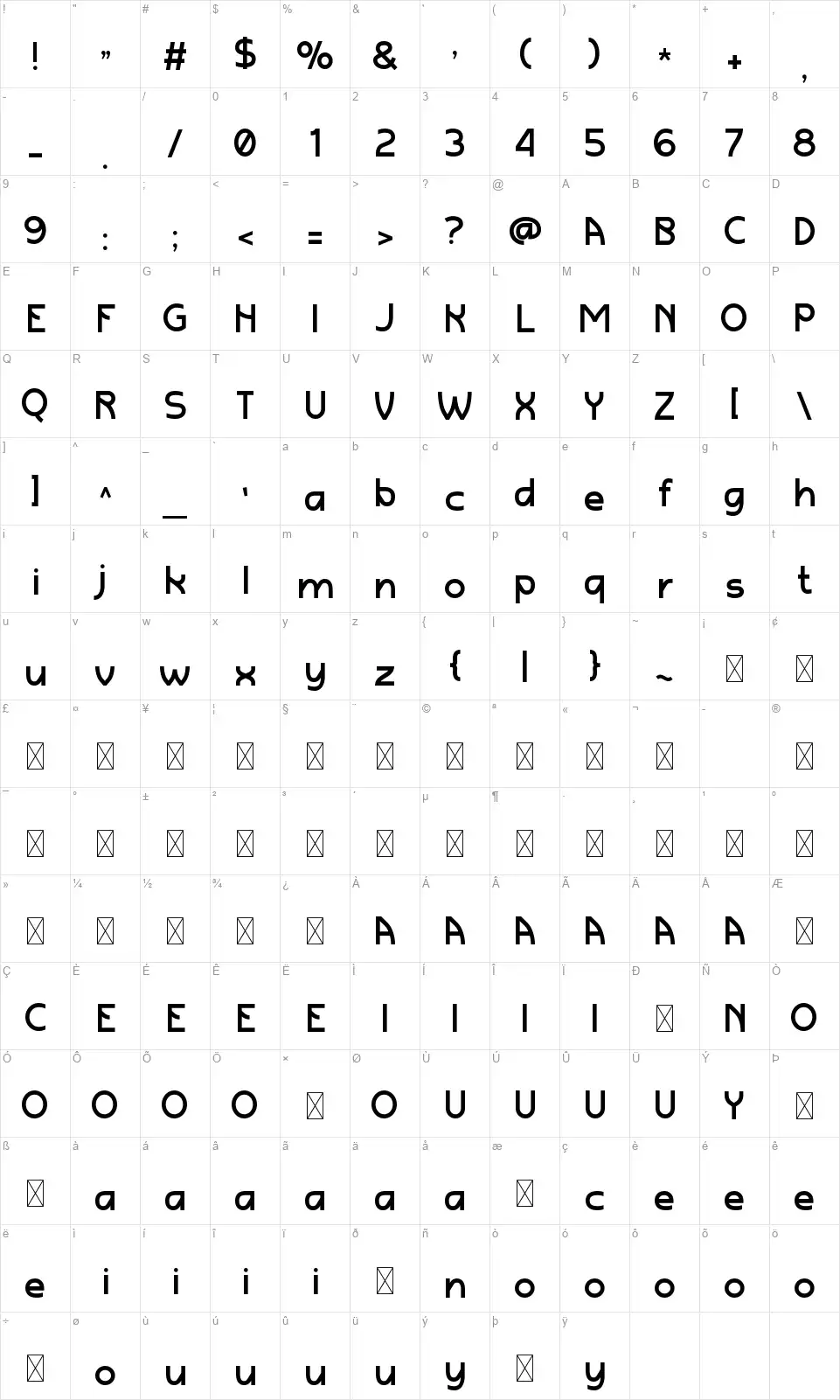Zonderfont character map